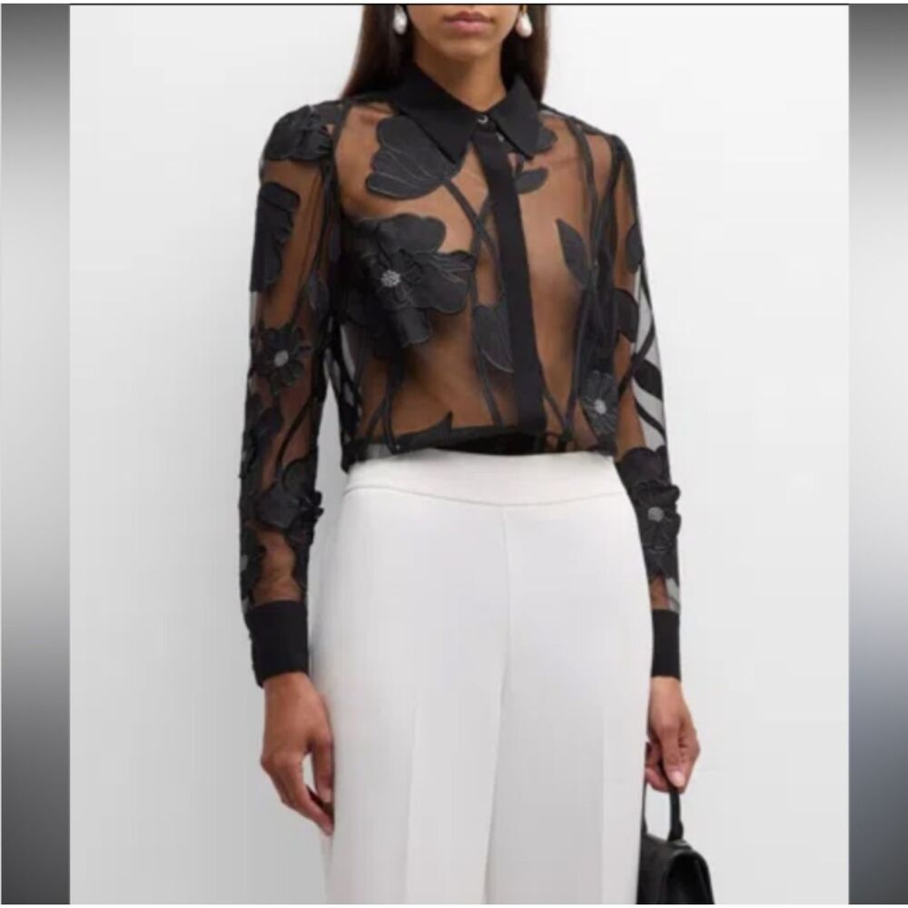 Milly Ashton Grand Fleur Applique Sheer Button Up Shirt
